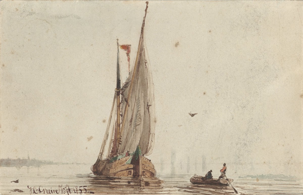 Sloep bij een zeilschip op het water 1855