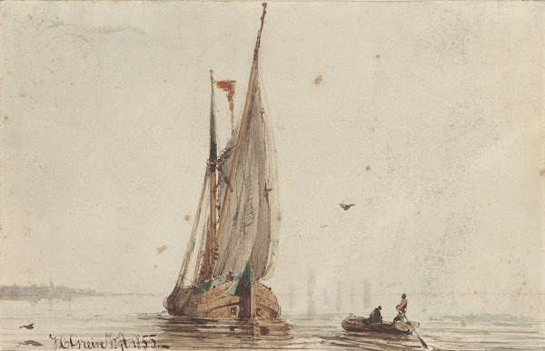 Sloep bij een zeilschip op het water 1855