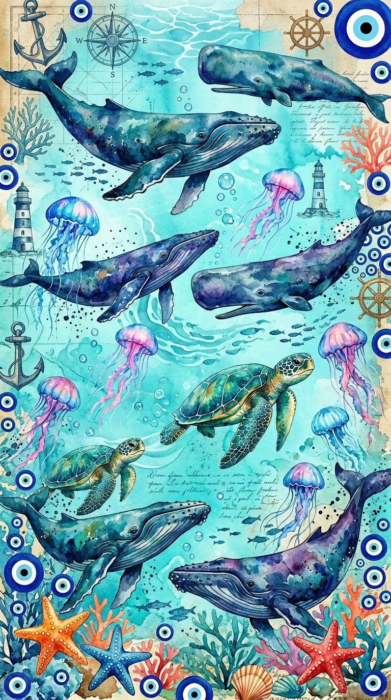 Ocean Themed Blue Aesthetic Collage with Marine Life and Surf Icons - Free 4K mobile Wallpaper