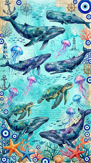 Ocean Themed Blue Aesthetic Collage with Marine Life and Surf Icons - Free mobile Wallpaper