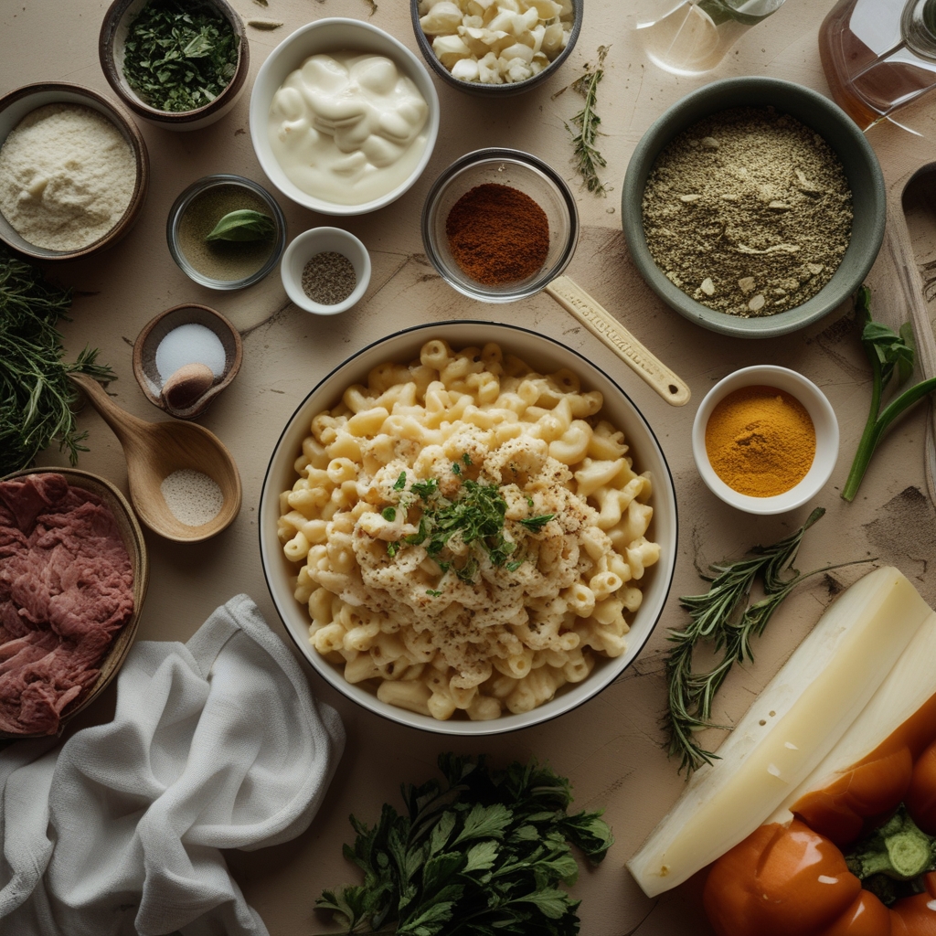 Ingredients for High-Protein Creamy Philly Cheesesteak Mac & Cheese Bliss - Easy Comfort Meal