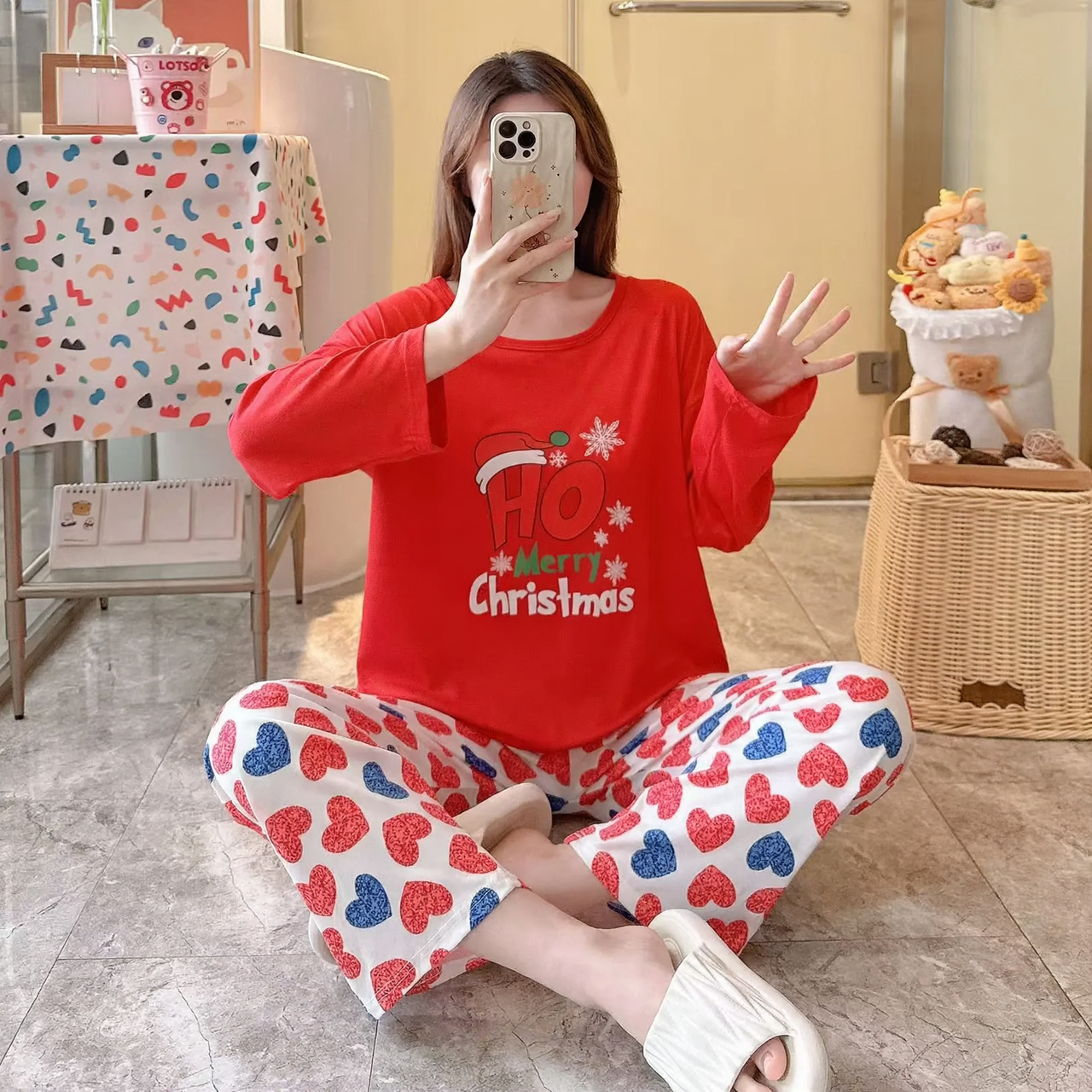 Women's Christmas Pajama, long-sleeve, with reindeer motif