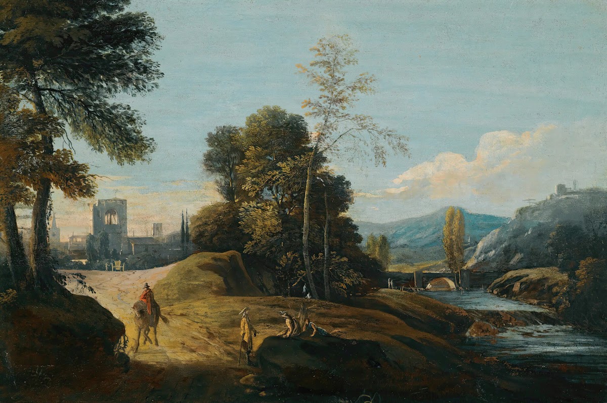 A Fluvial Landscape With Figures On A Path A Town Beyond