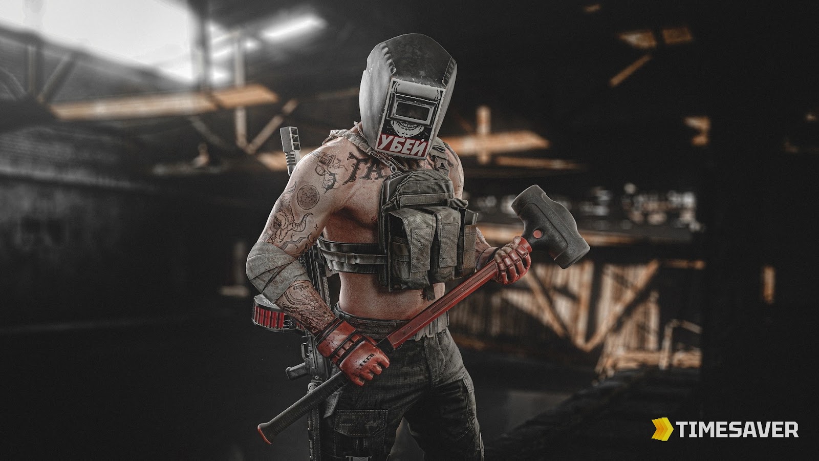 Tagilla, the Factory boss, wearing his welding mask and carrying his sledgehammer inside the factory
