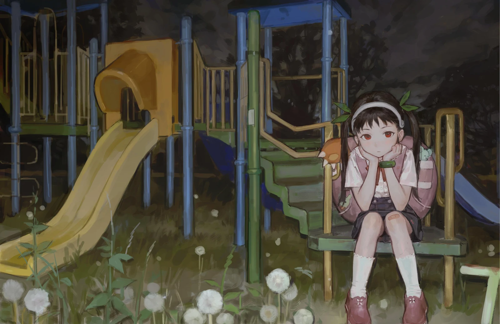 Mayoi Hachikuji at the Playground - Digital Painting 4K Wallpaper (4165x2704)