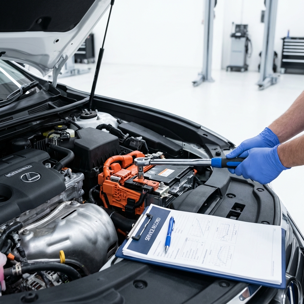 Close up of technician inspecting Lexus hybrid battery bay with service record documents on clipboard beside car used lexus for sale