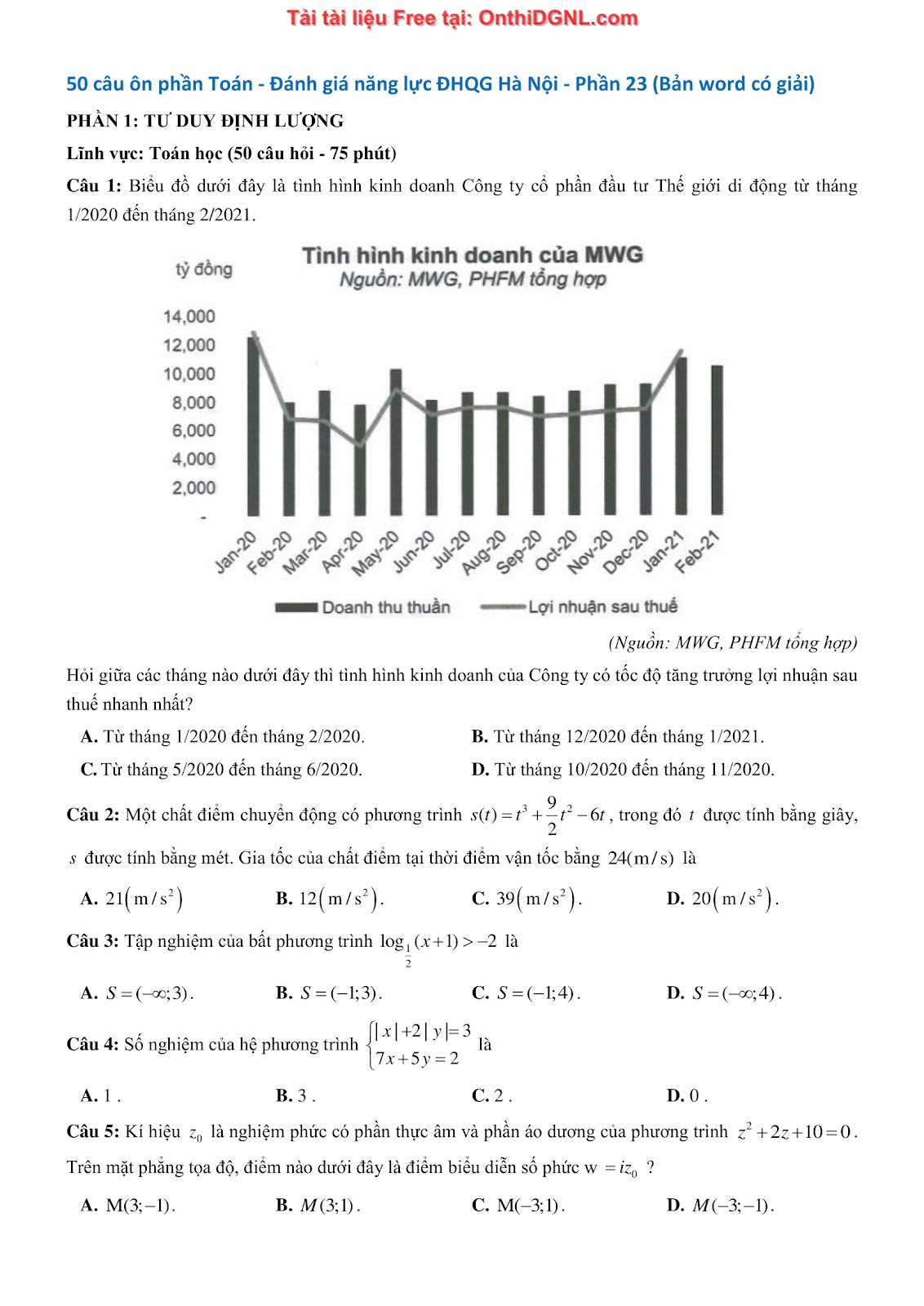 1300 bài tập môn Toán - Ôn thi ĐGNL ĐHQG Hà Nội Phần 23