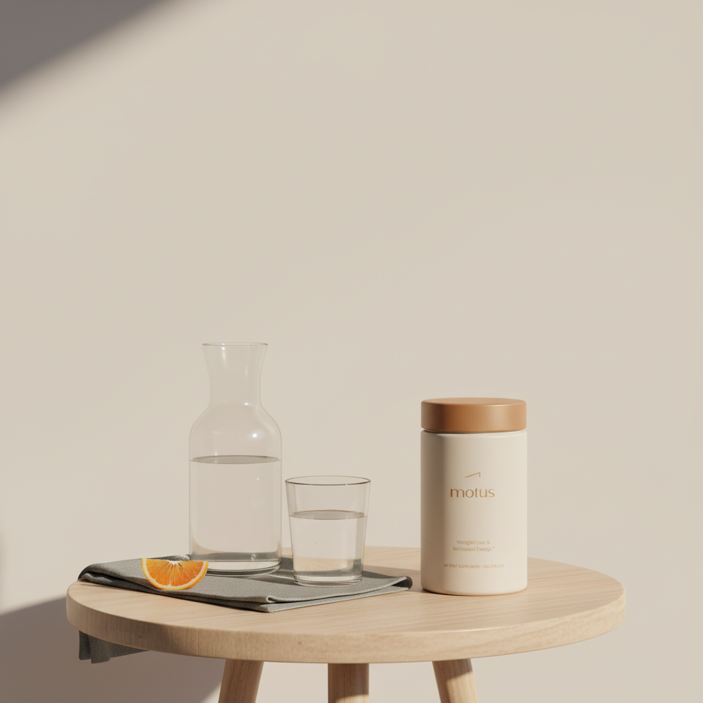 Minimalist lifestyle photo of Tonum supplement 'Motus' on a #F2E5D5 surface beside a glass of water and an orange accent, conveying a supplement that stops cravings