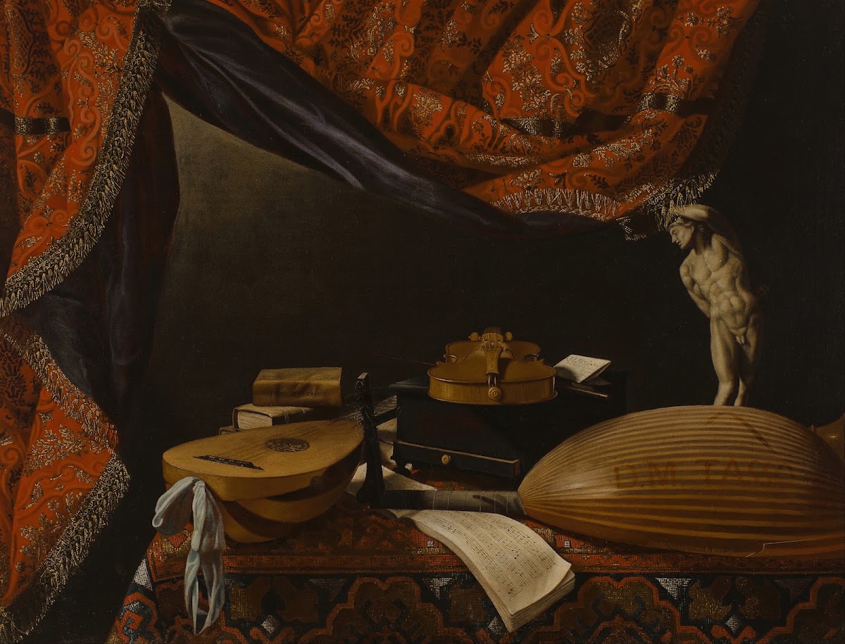 Still life with Musical Instruments Books and Sculpture circa 1650