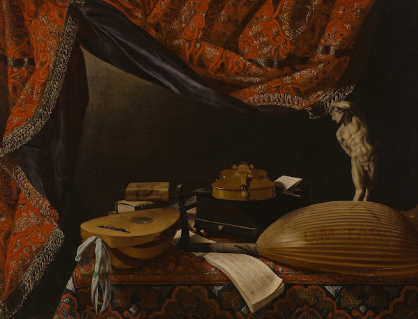 Still life with Musical Instruments Books and Sculpture circa 1650