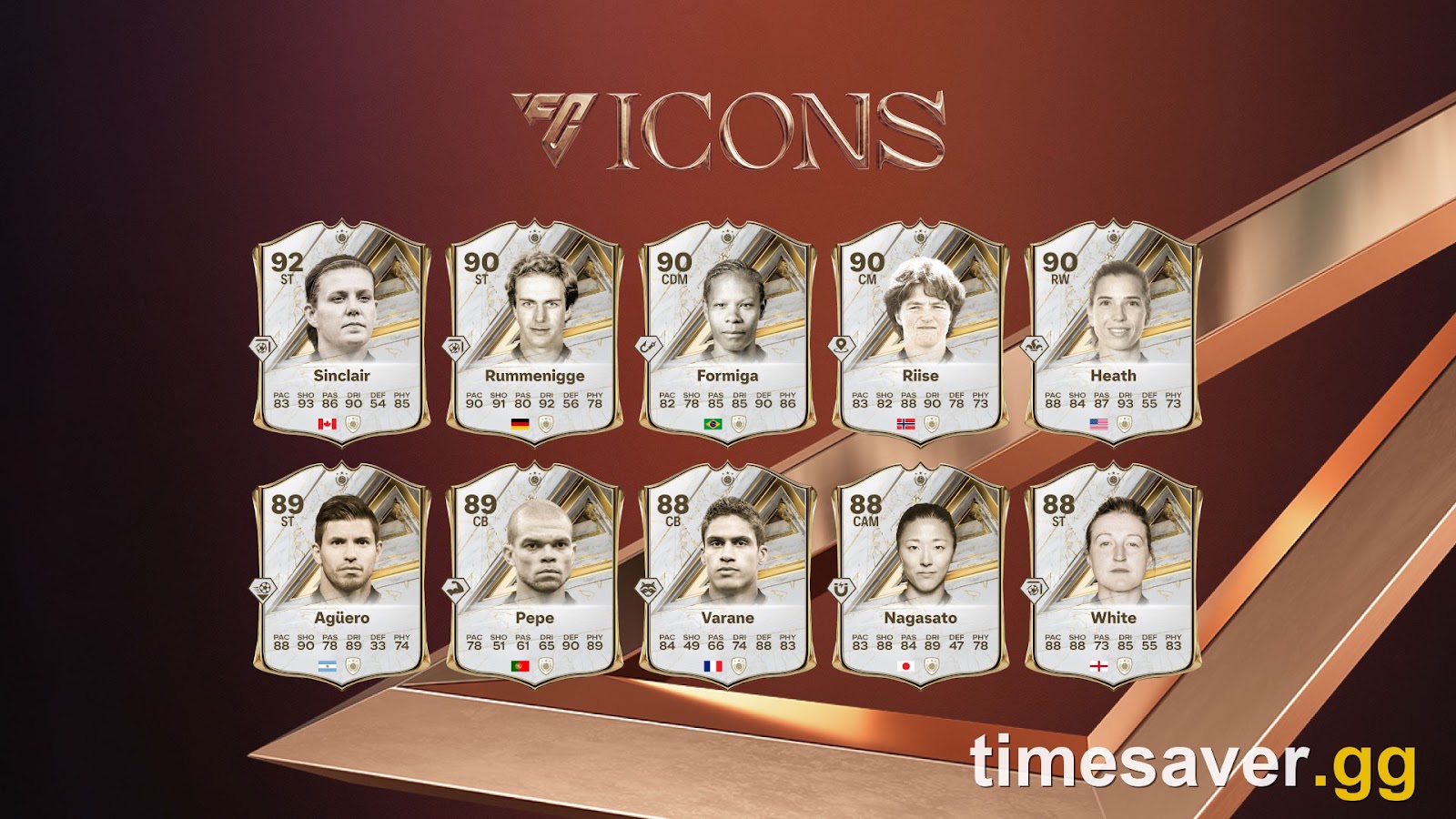 FC 27 ICON cards lined up in Ultimate Team, the item type whose Nation chemistry contribution drops to +1