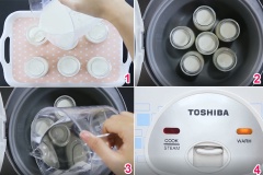 Đổ sữa chua vào từng hũ nhỏ. Sau đó cho vào nồi cơm điện. Đổ nước ấm ngập 2/3 hủ sữa chua, sau đó đậy nắp nồi cơm điện lại. Để chế độ giữ ấm trong vòng 15-20 phút rồi rút dây điện ra. Sau khoảng 2 tiếng hoặc tới khi nước nguội thì cắm dây điện lại, vẫn để chế độ giữ ấm trong 15-20 phút. Lặp lại quá trình này tới khi sữa chua được ủ xong (6-8 tiếng).