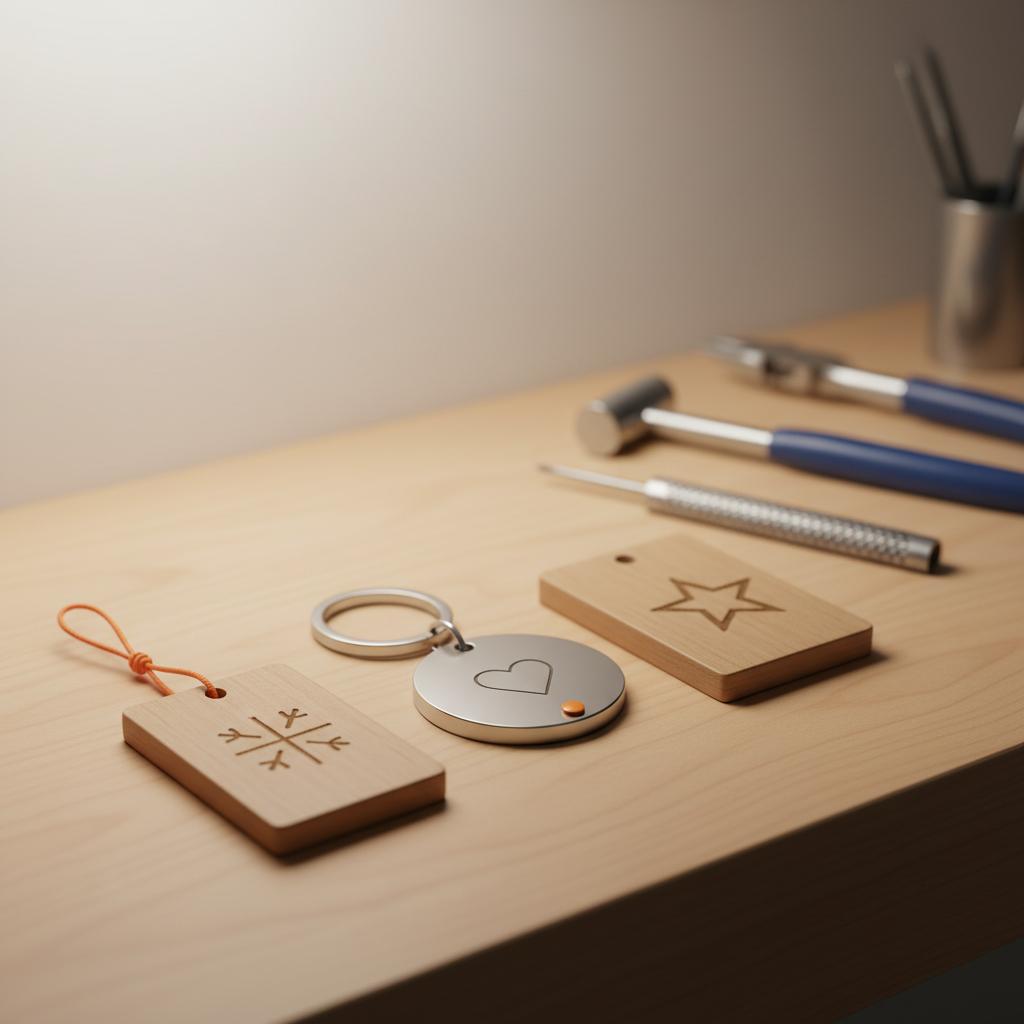 Detail einer Werkbank mit personalisierten Metall- und Holzanhängern auf warmem Holz in minimalistischer 2D-Vektoroptik, fotogeschenke bedrucken, Steelmonks-Farben