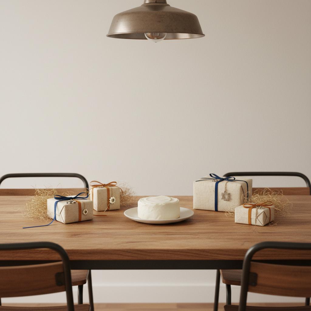 Nahaufnahme eines Esstisches mit ostergeschenk ideen: kleine, liebevoll verpackte Geschenke (Holzwolle, Metallanhänger), Vanillekuchen, warme minimalistische Industrie-Ästhetik