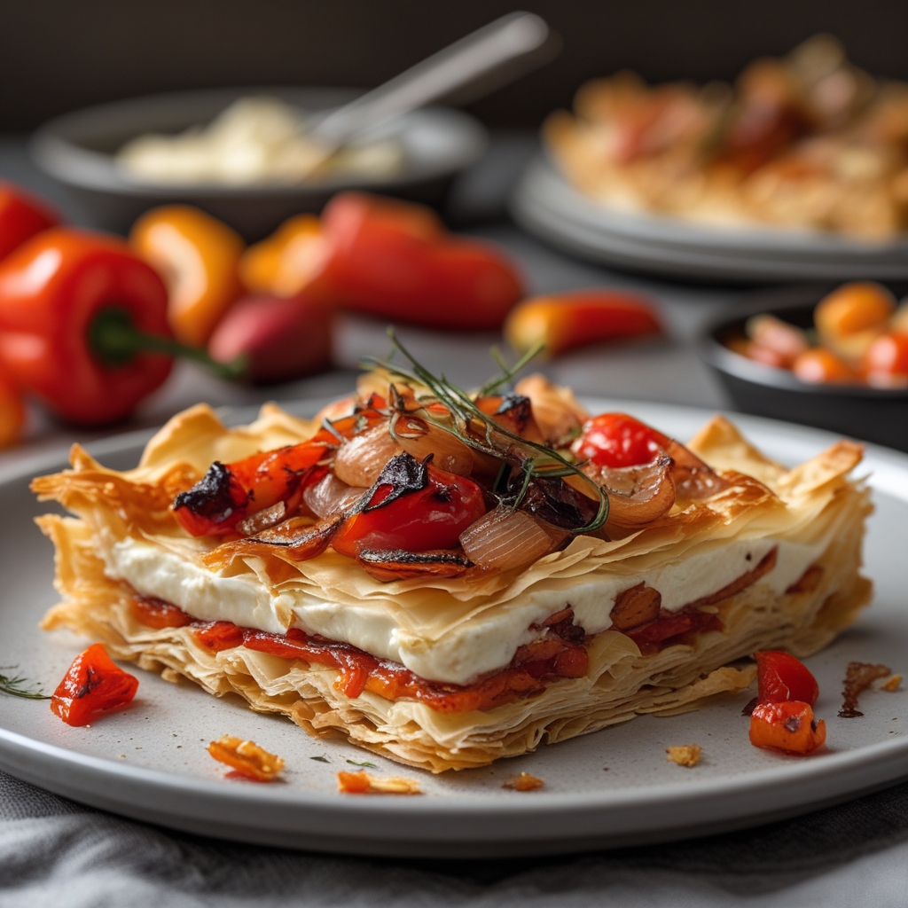 Final Crispy Smoky Red Pepper & Onion Phyllo Tart with Zesty Dill Cream