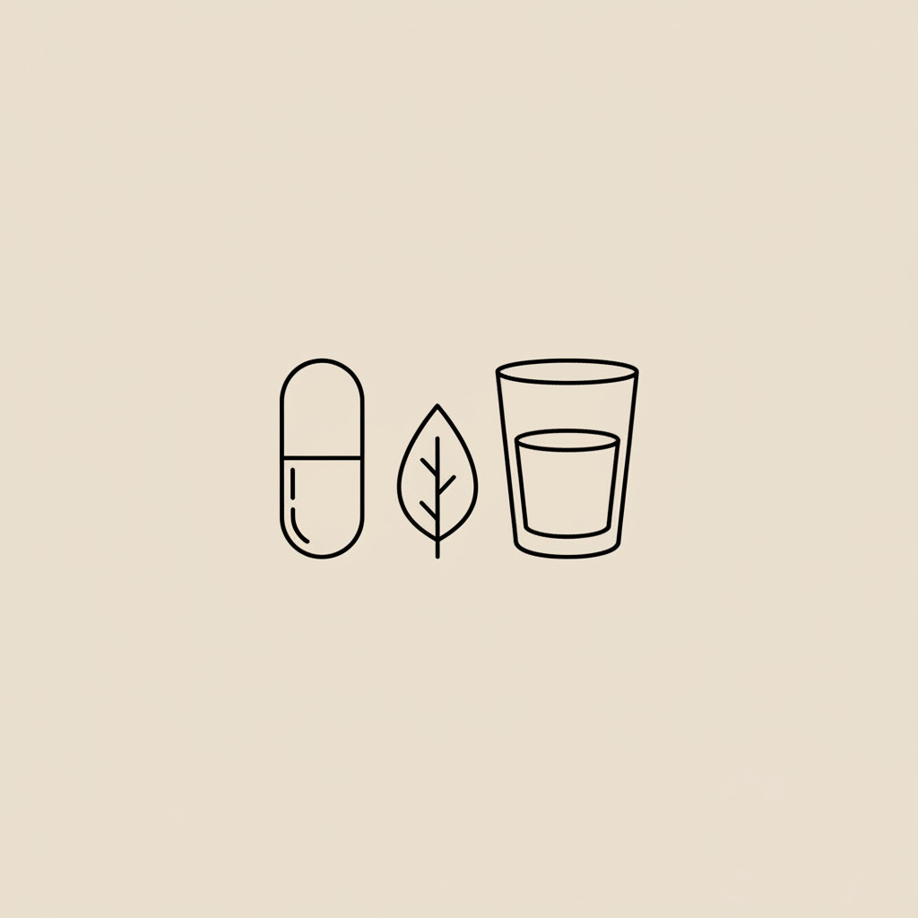 Minimalist Tonum-style line icon of a capsule, a small leaf, and a water glass on a beige background — best cardio machine for women