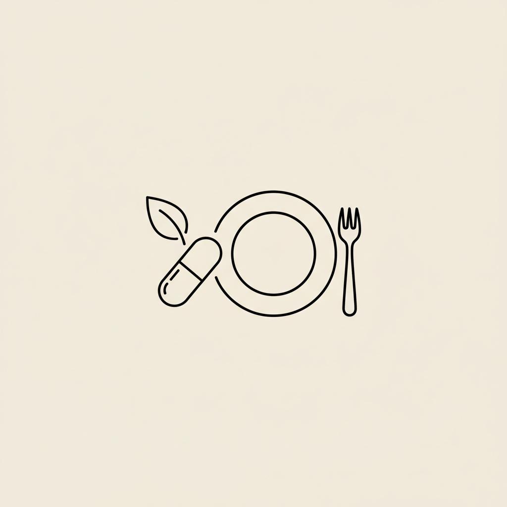 Minimal Tonum-style line illustration of a capsule, leaf, and plate with fork on beige background #F2E5D5, symbolising berberine appetite suppression.
