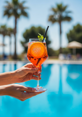 Hands Holding Aperol Spritz Poolside