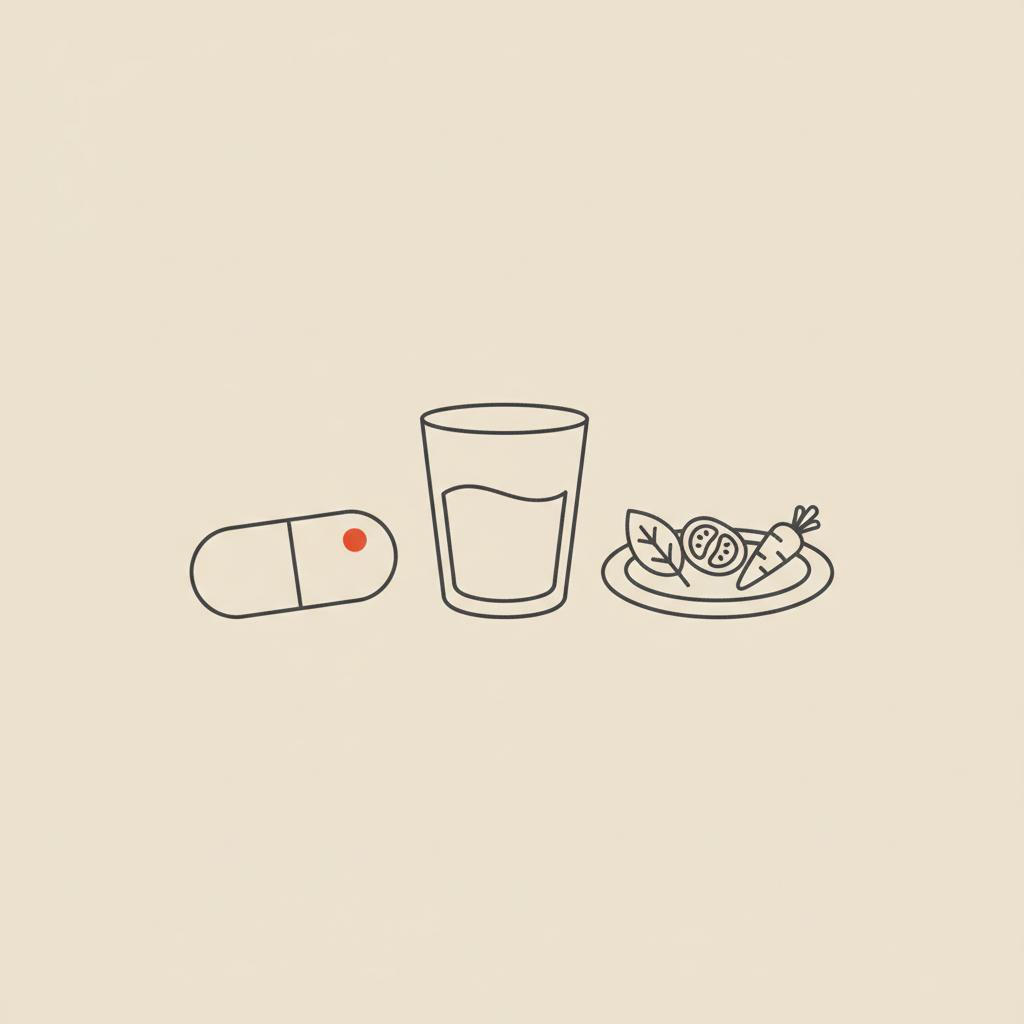 Minimalist Tonum-style vector illustration of a capsule, water glass, and small plate of vegetables on beige background, visual for over the counter equivalent to phentermine