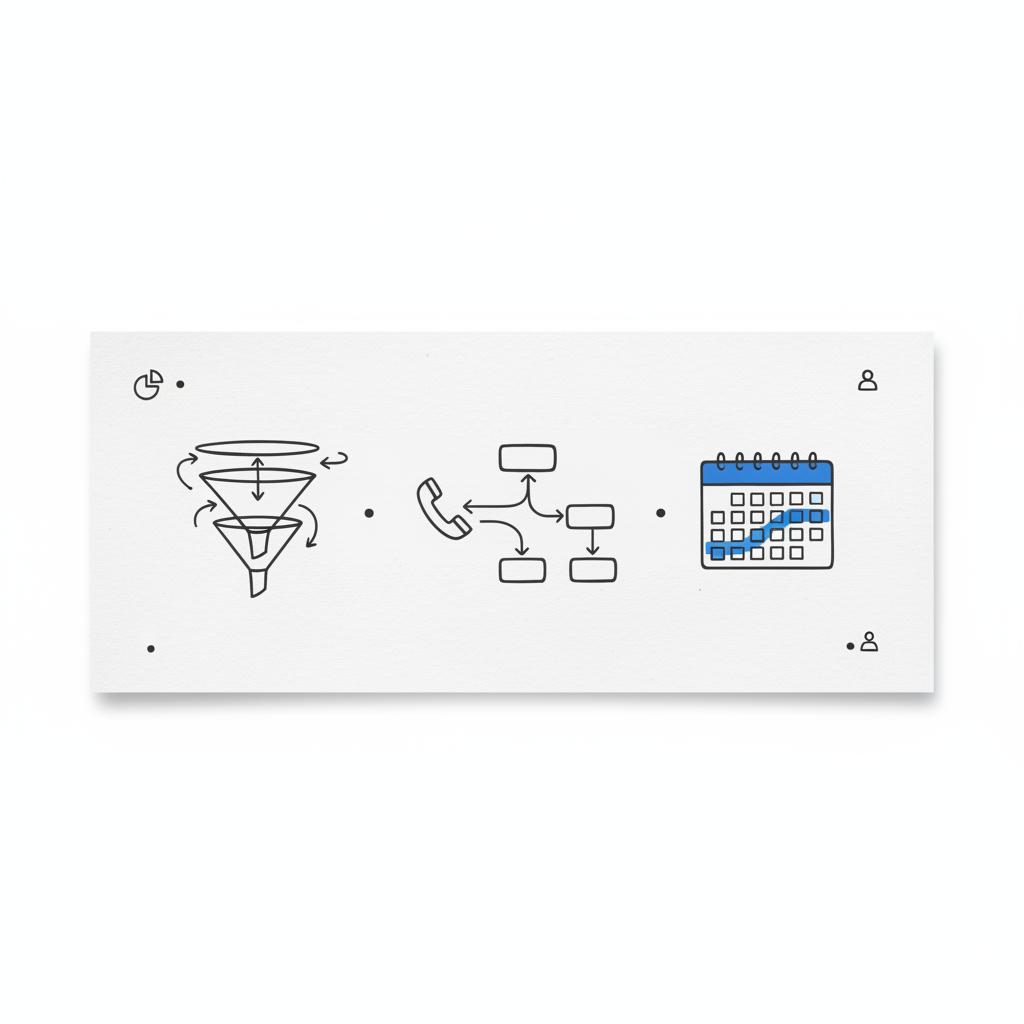 Vector mockup of three minimalist marketing diagrams &mdash; a funnel, a phone-call flow, and a 30-day calendar grid highlighted with brand blue &mdash; on a clean white notebook-style sheet for a Google Ads test plan