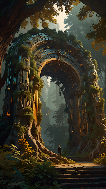 Ancient Forest Gateway Ruins Steampunk Fantasy Arch - Free mobile Wallpaper