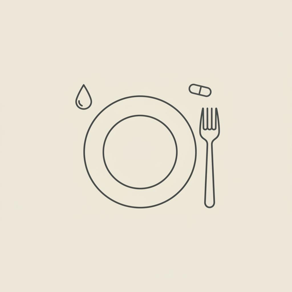 Minimal line illustration of a plate with fork, water droplet, and capsule on beige background, symbolizing sudden calorie increase and hydration/supplement support.