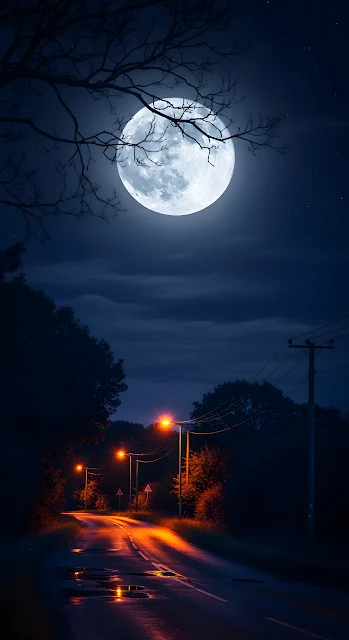 Full Moon Night Road with Orange Streetlight Reflections
