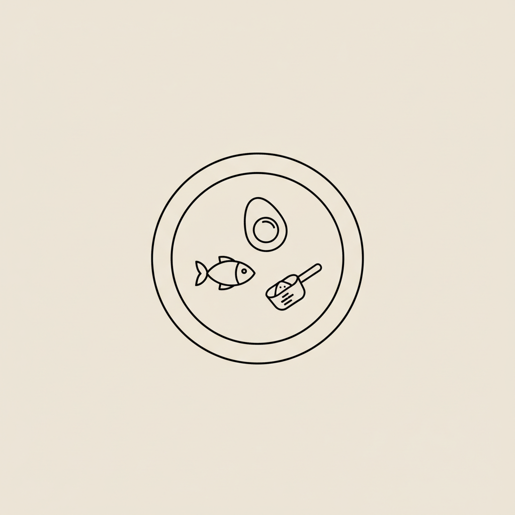 Minimalist Tonum-style vector plate with thin-line fish, egg, and protein scoop icons on beige background #F2E5D5 — how to get 30g protein low calories