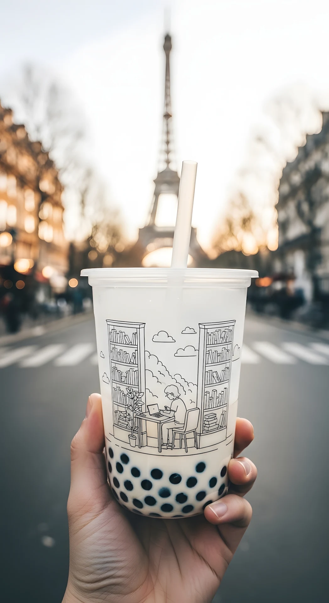 Bubble Tea with Library Drawing and Eiffel Tower View - Free 4K mobile Wallpaper
