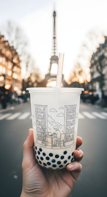 Bubble Tea with Library Drawing and Eiffel Tower View - Free mobile Wallpaper