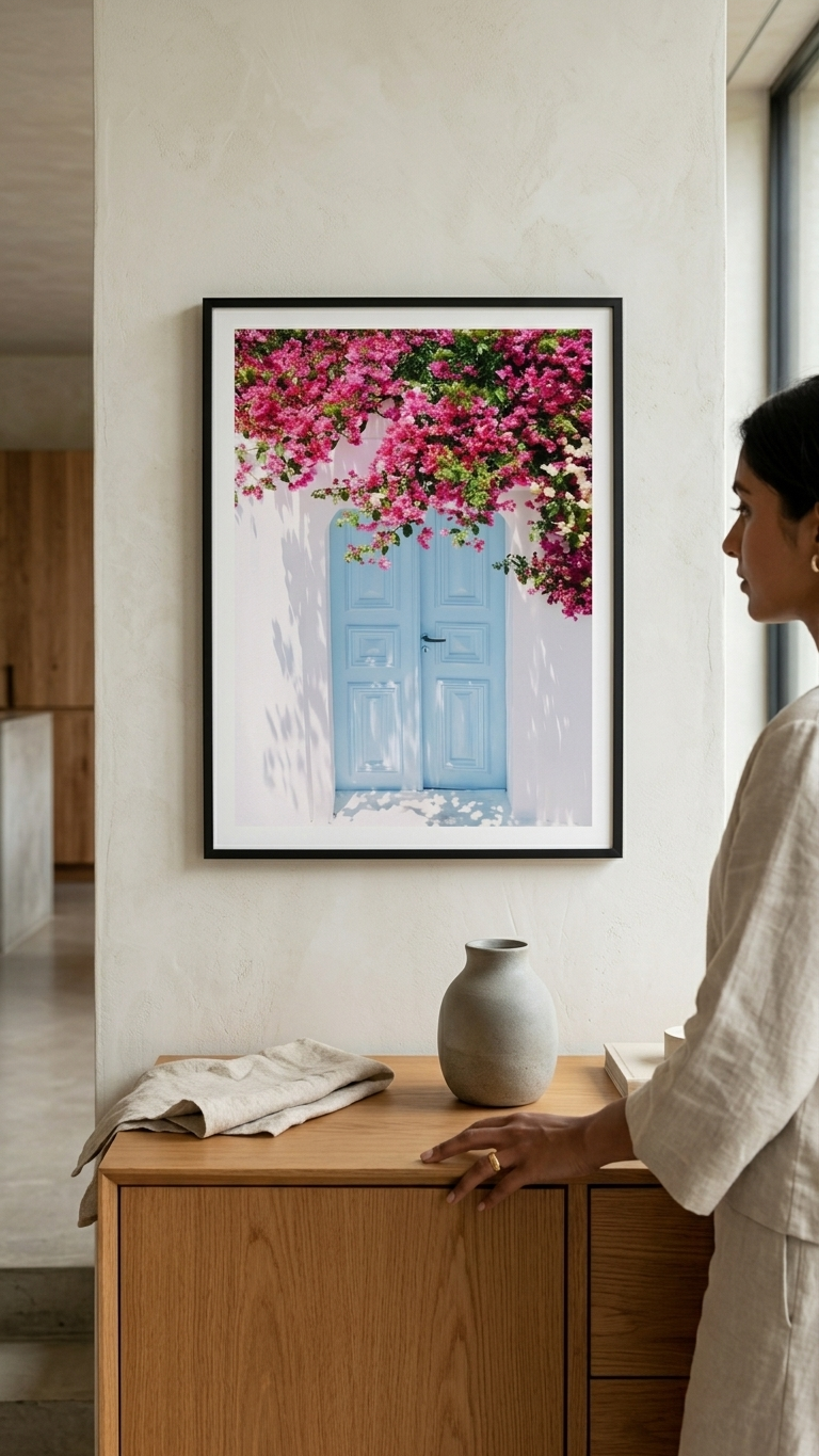 Vibrant Pink Bougainvillea & Blue Door Canvas Print Wall Art UK (40x60) - Image 3