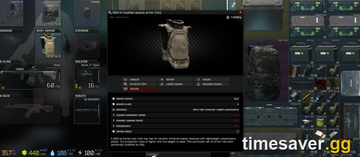 Escape from Tarkov 6B13 class 4 assault armor inspection screen showing armor class and durability