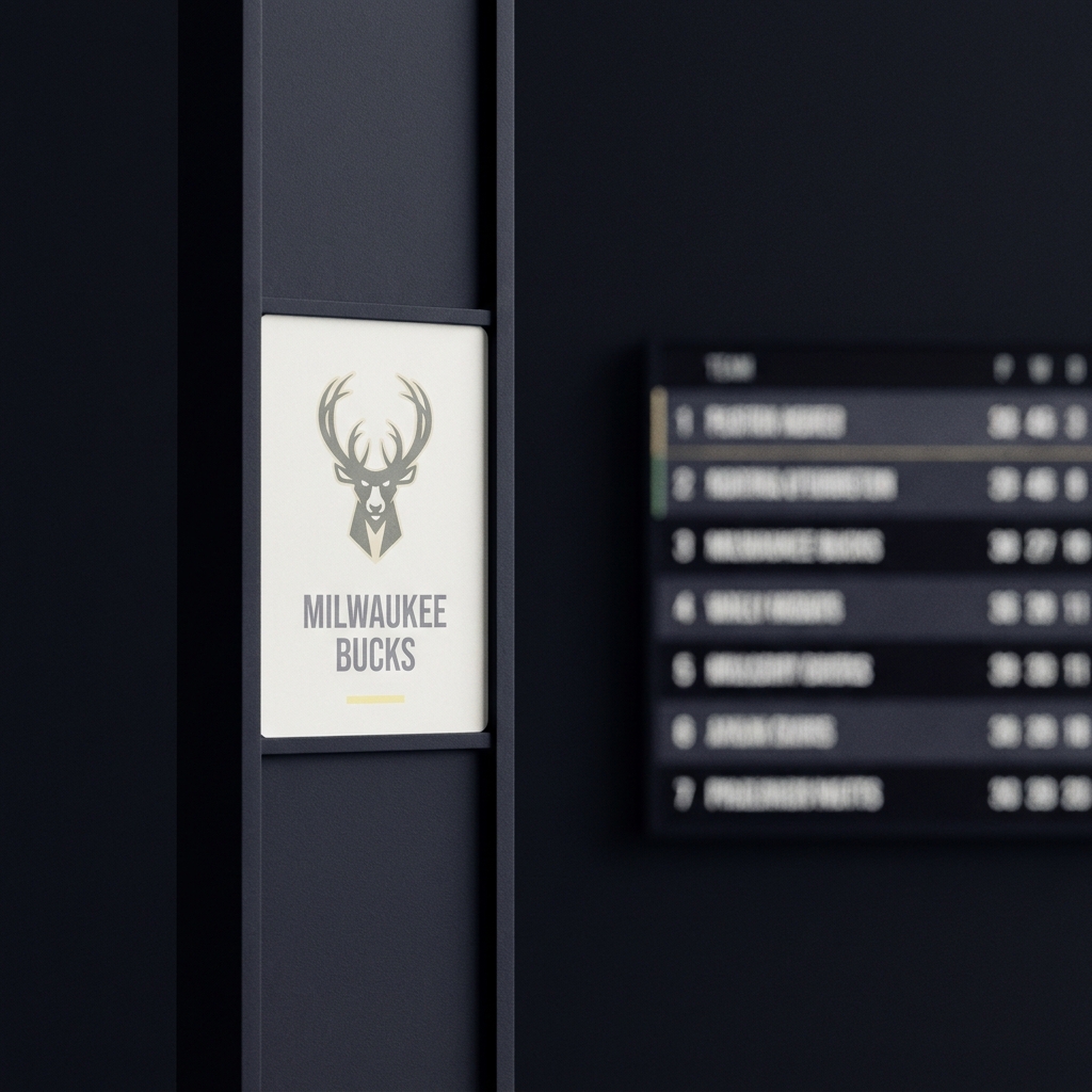 Close up of a draft board column with a muted Milwaukee Bucks logo and a blurred standings table on a dark Funded Plays style background bucks prediction