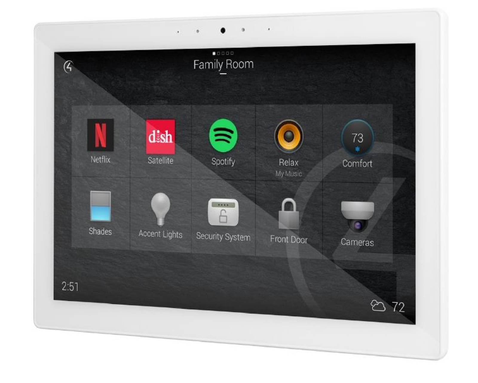 Control4 T4 10-inch touchscreen showing smart home interface