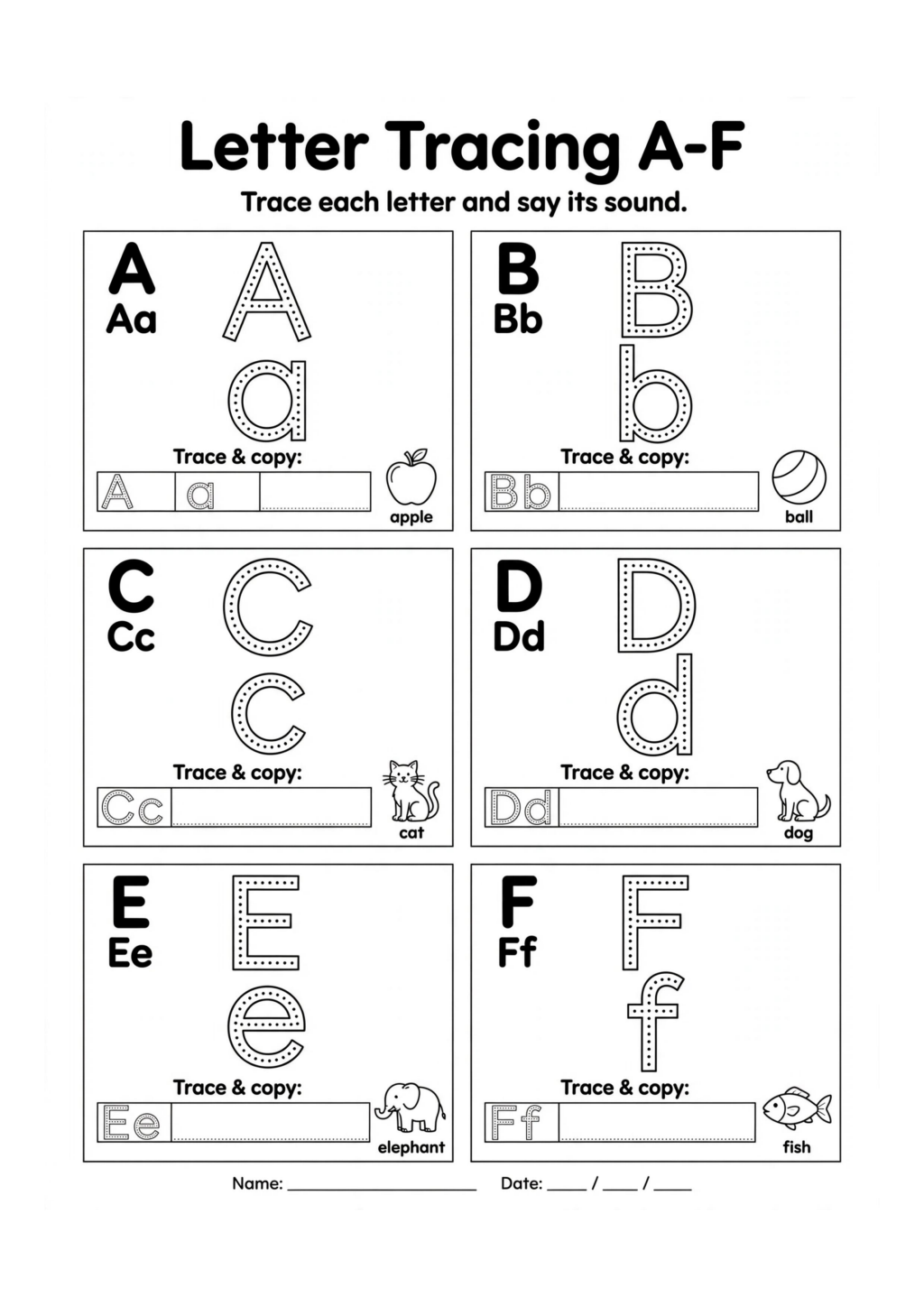 Letter Tracing A-F Worksheet