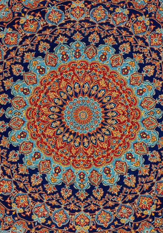 Intricate Persian Carpet Blue Orange Mandala Art