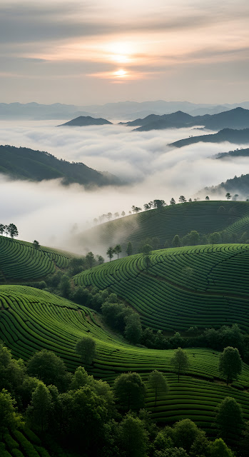 Aerial View of Rolling Green Tea Terraces in Morning Mist - Free mobile Wallpaper