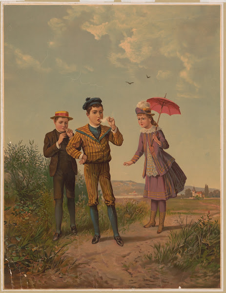 Girl watching two boys smoking cigarettes 1889