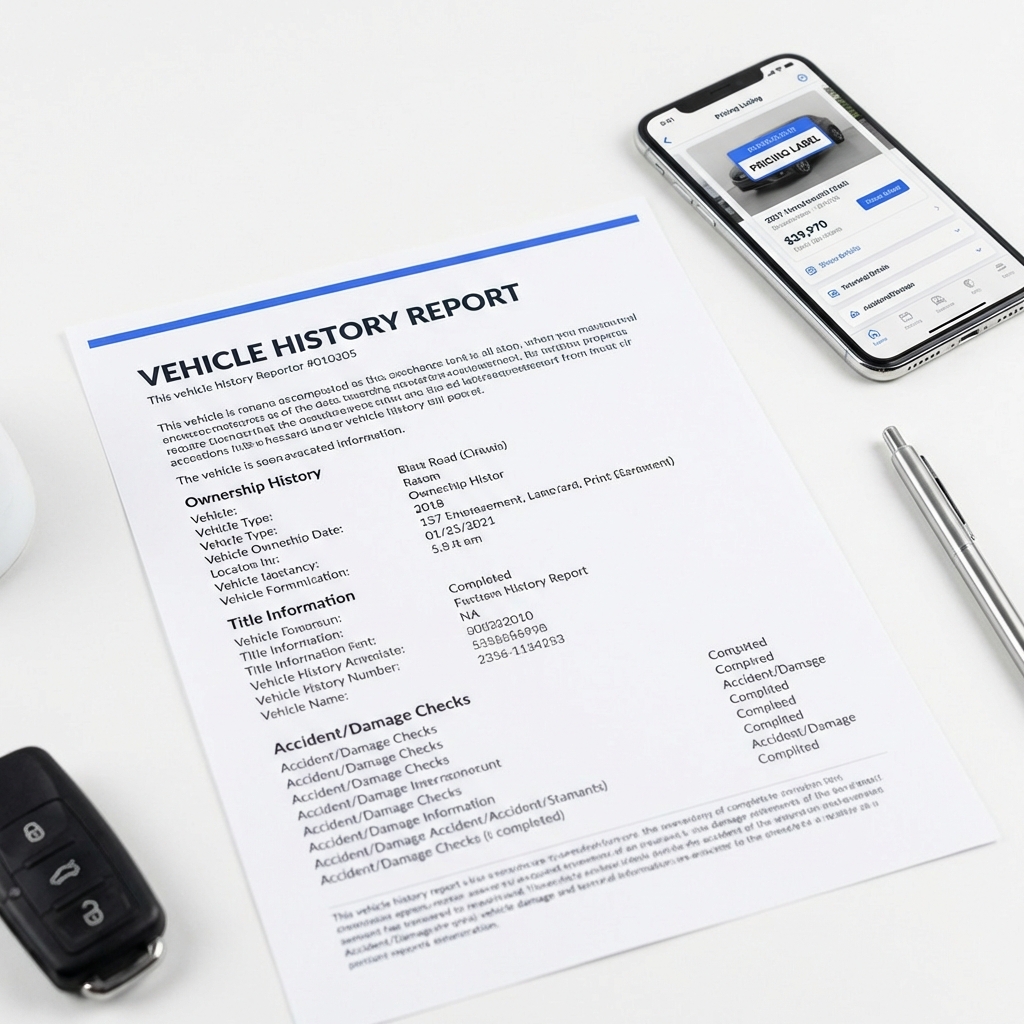 Close up of a printed vehicle history report beside a smartphone showing a pricing label on a listing for cheap cars for sale on a clean white background