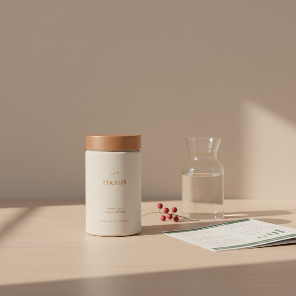 Minimalist photo of a Tonum supplement jar on a wooden table beside a research pamphlet, carafe of water and berries illustrating brain fog and forgetfulness.