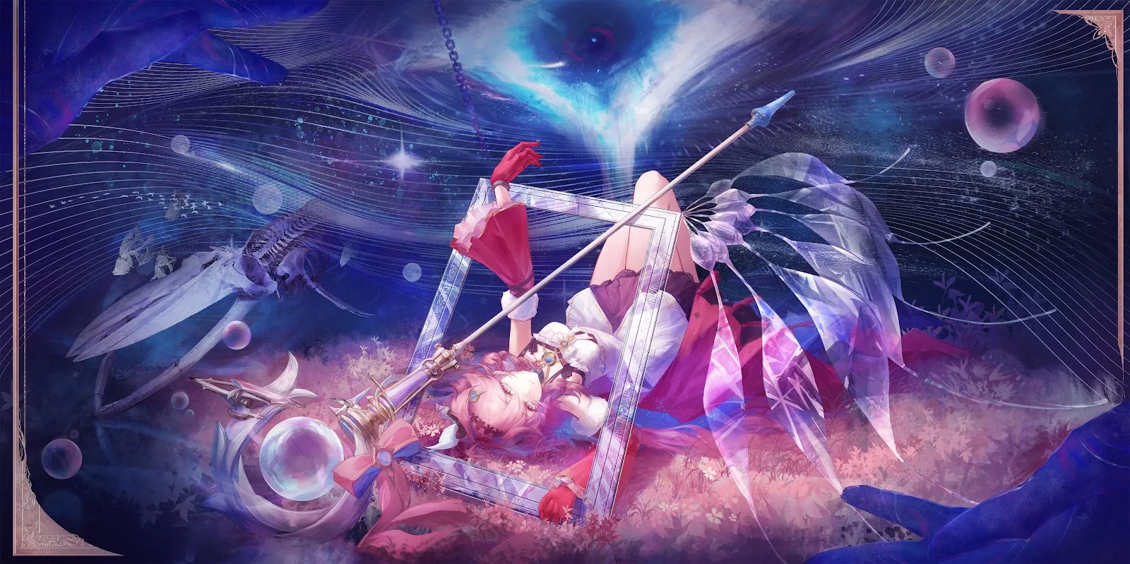 Anime Girl Under Cosmic Sky - Fantasy Digital Art 4K Wallpaper (5143x2569)