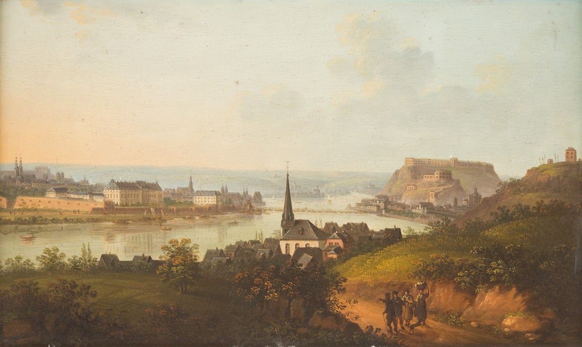 River Rhine at Koblenz overlooking castle and fort Ehrenbreitstein 1825