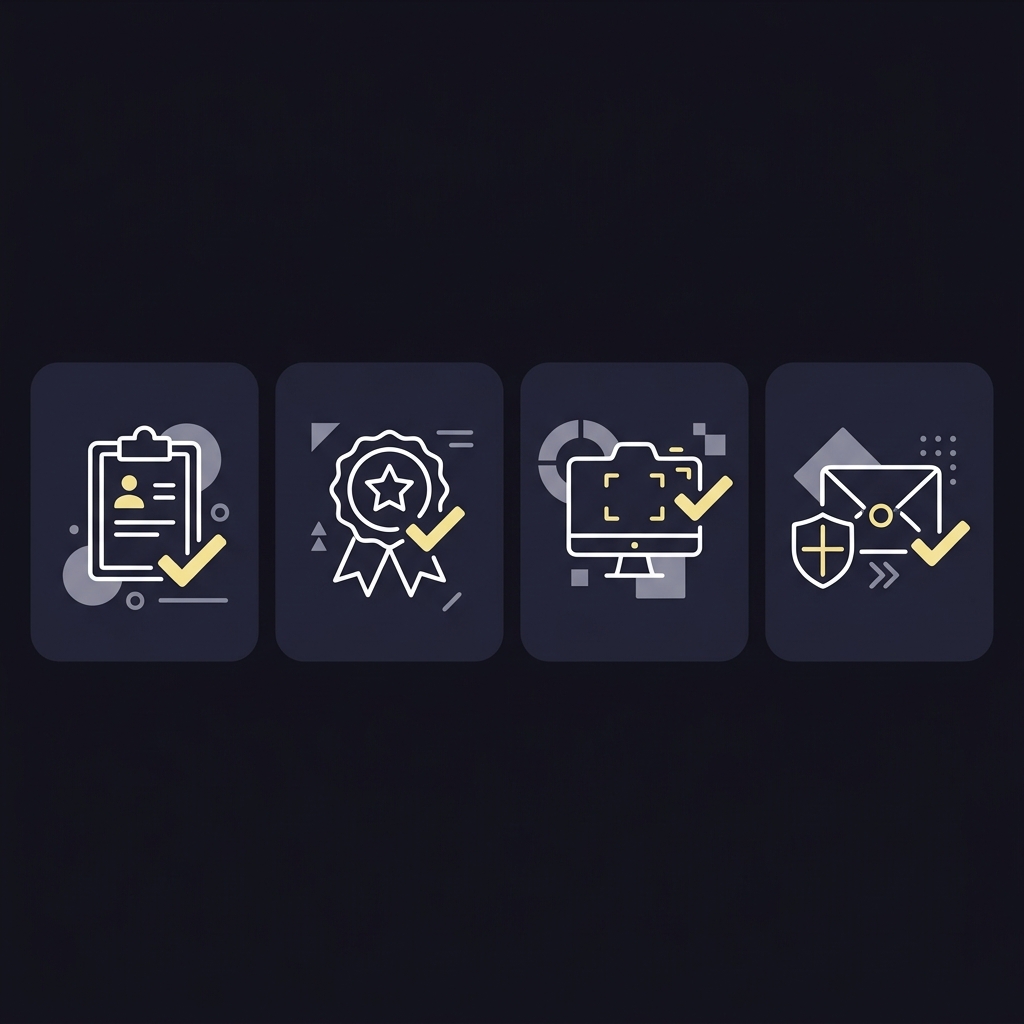 Minimalist 2D vector checklist showing four icon steps register verify licence take screenshots contact regulator on dark Funded Plays background bet now eu
