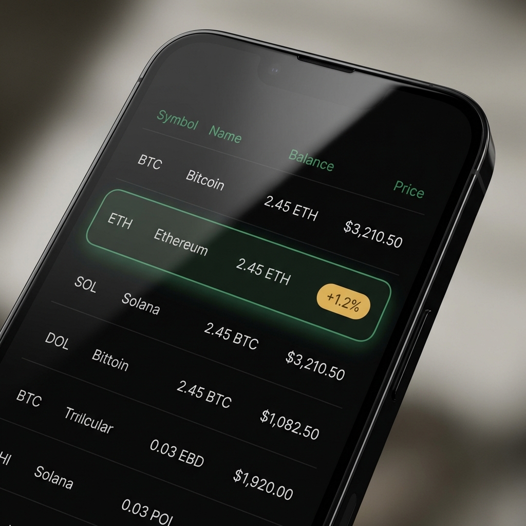 Close up mobile token list with one highlighted token clean minimalist Finance Police interface clear labels and colors best crypto trading app