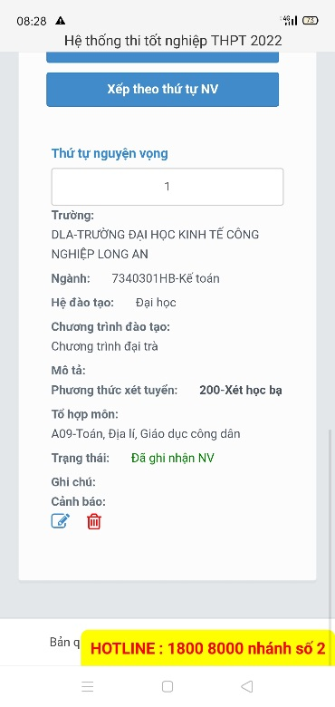 Màn hình kết quả nguyện vọng đã đăng ký