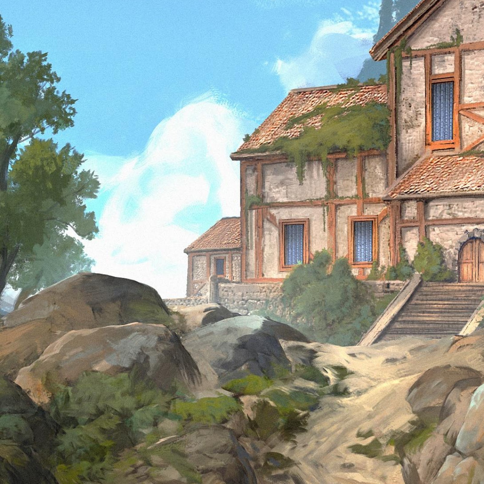 Download Adventurers Walking Toward Stone House Full HD iPhone