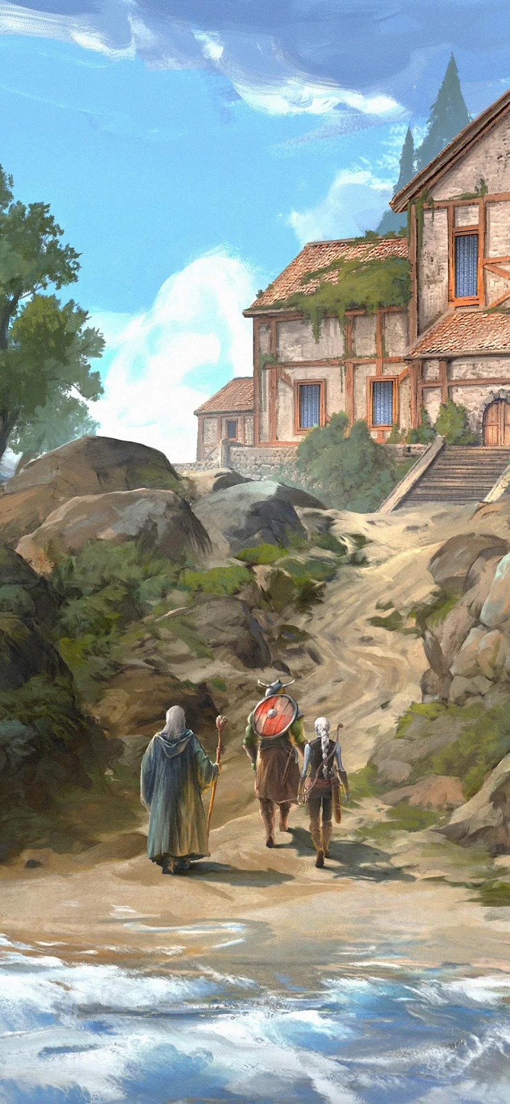 Adventurers Walking Toward Stone House - Digital Concept Art Full HD iPhone Wallpaper (1090x2360)