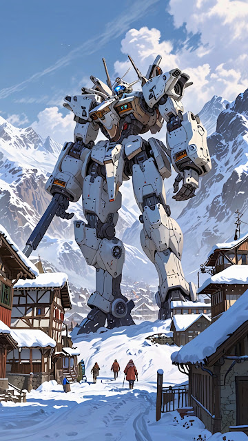 Giant Mech Towering Over Snowy Alpine Village - Free mobile Wallpaper