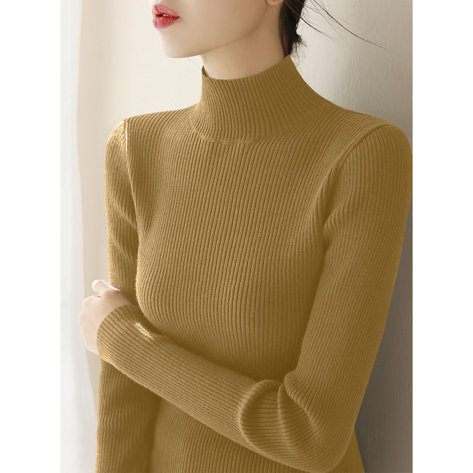 Women's knitted sweater with stand-up collar, slim fit