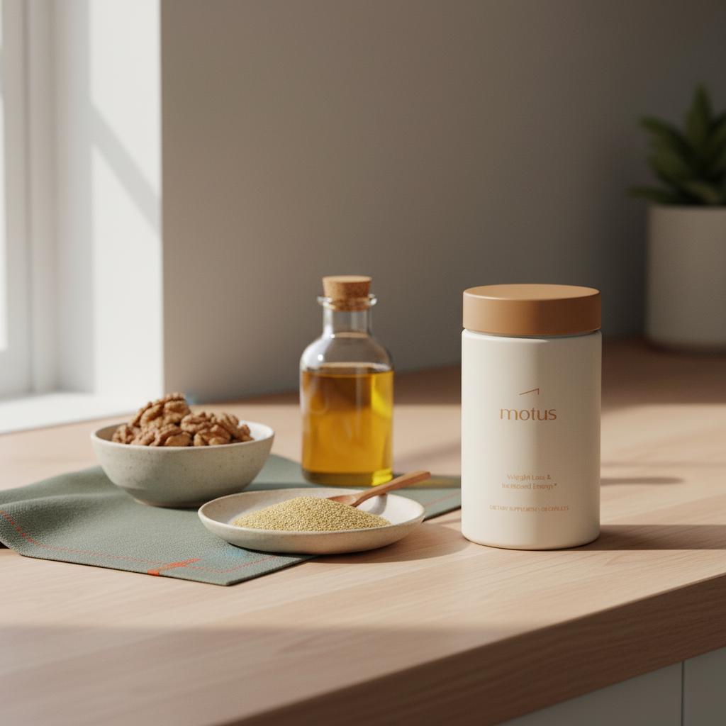 Tonum Nouro jar on a light wooden counter with a bowl of walnuts, ground flaxseed, and flaxseed oil, illustrating foods high in ALA in a minimalist wellness scene